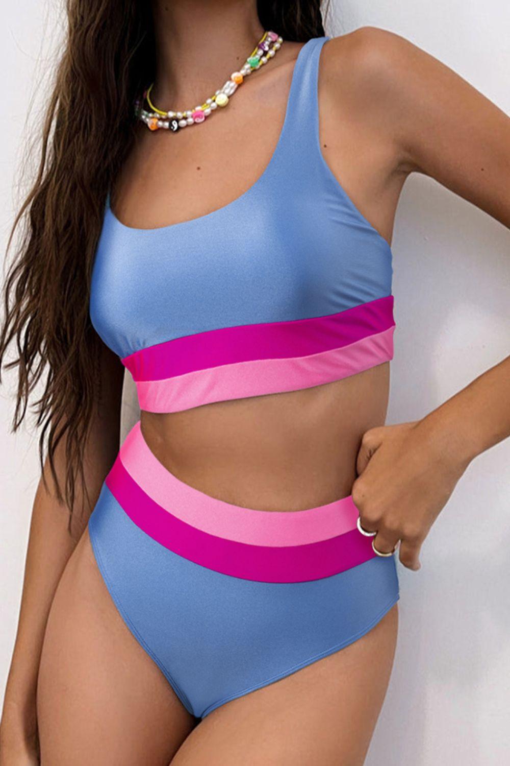 Contrast Scoop Neck Two-Piece Swim Set Dusty Blue