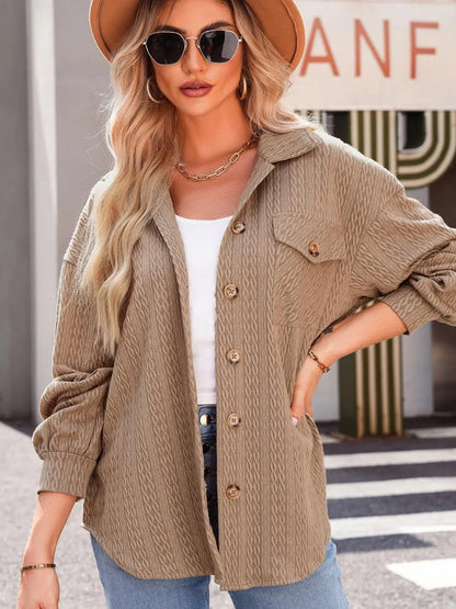 Textured Button Up Long Sleeve Shacket Camel