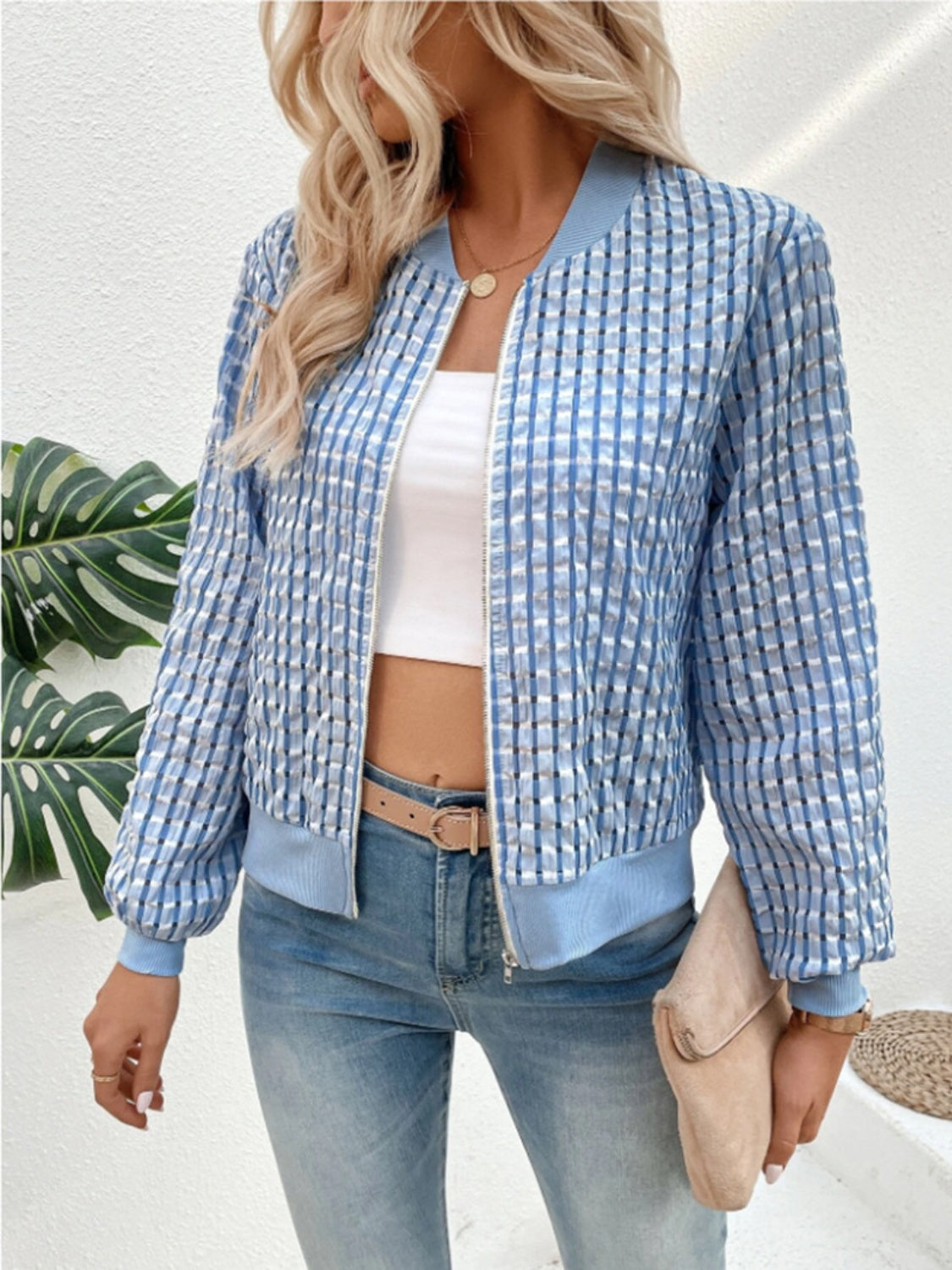 Zip Up Long Sleeve Jacket Light Blue