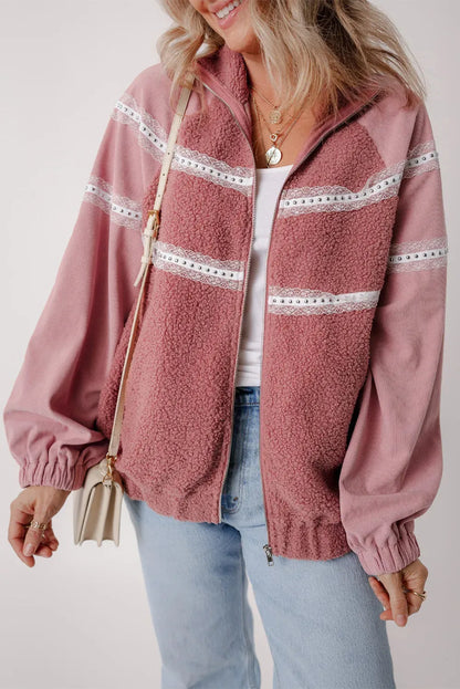 Fuzzy Lace Detail Zip Up Long Sleeve Jacket Dusty Pink