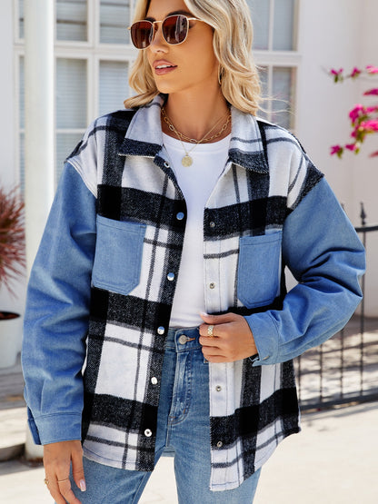 Pocketed Plaid Snap Down Denim Jacket Dusty Blue