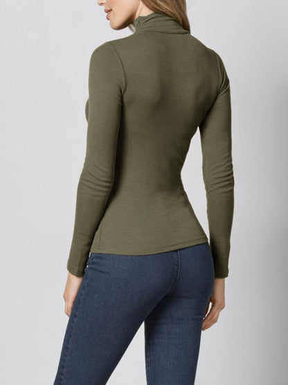 Cutout Turtleneck Long Sleeve T-Shirt Army Green