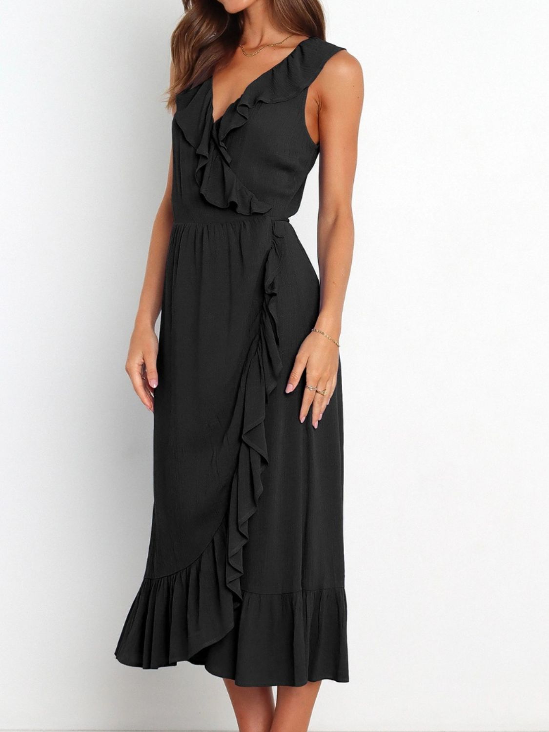 Ruffled Surplice Sleeveless Midi Dress Black