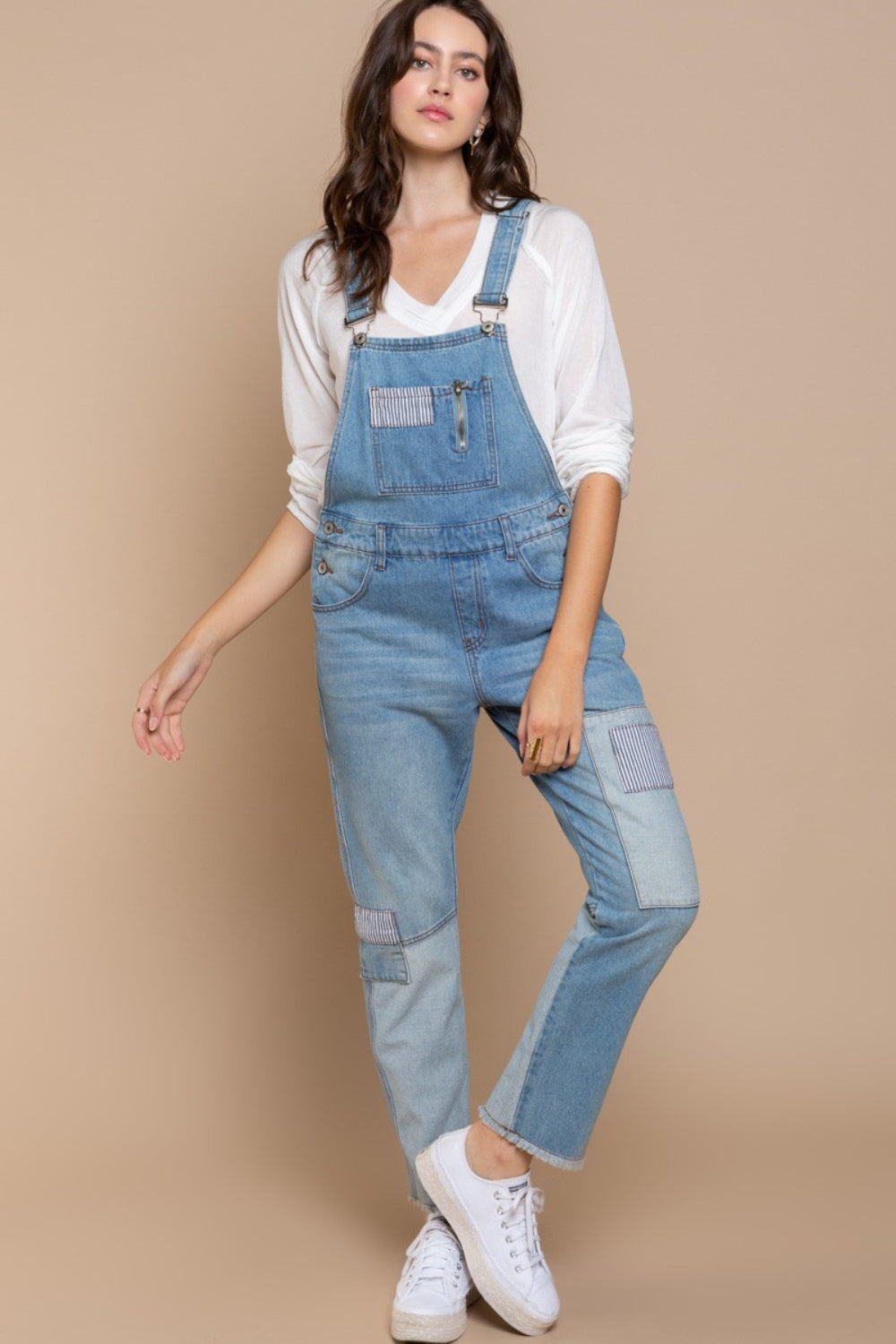 POL Front Chest Zipper Slim Leg Denim Overalls Denim