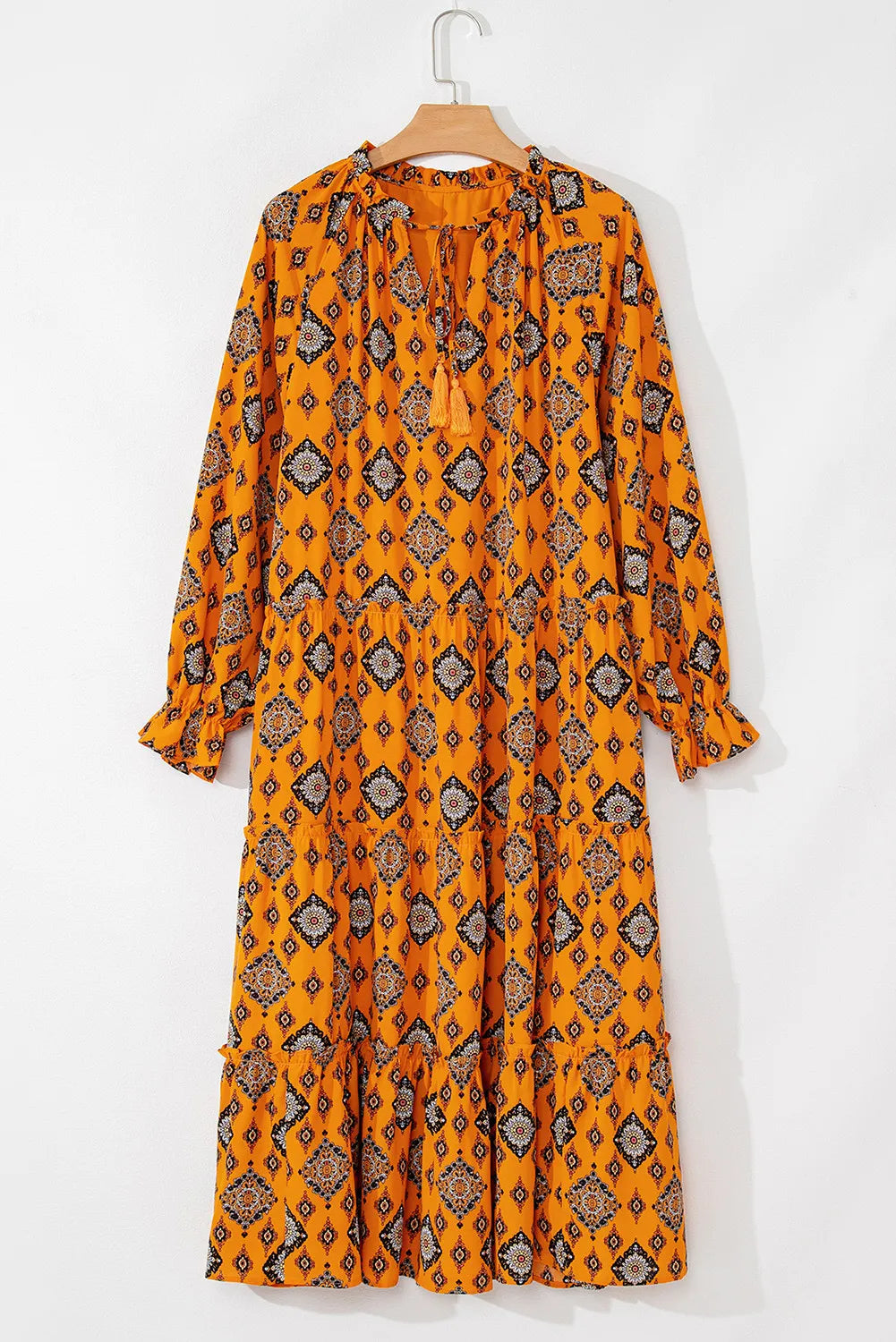 Frill Printed Tie Neck Long Sleeve Dress Orange