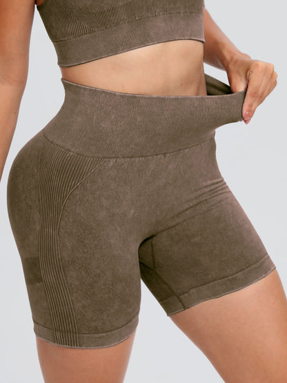 Washed High Waist Active Shorts Coffee Brown