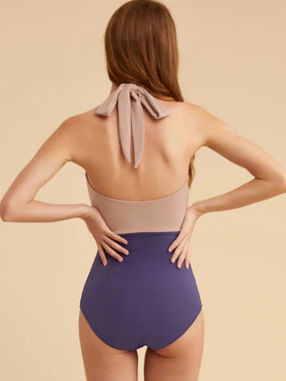 Contrast Halter Neck One-Piece Swimwear Violet