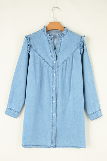 Button Up Notched Long Sleeve Denim Dress Light Blue