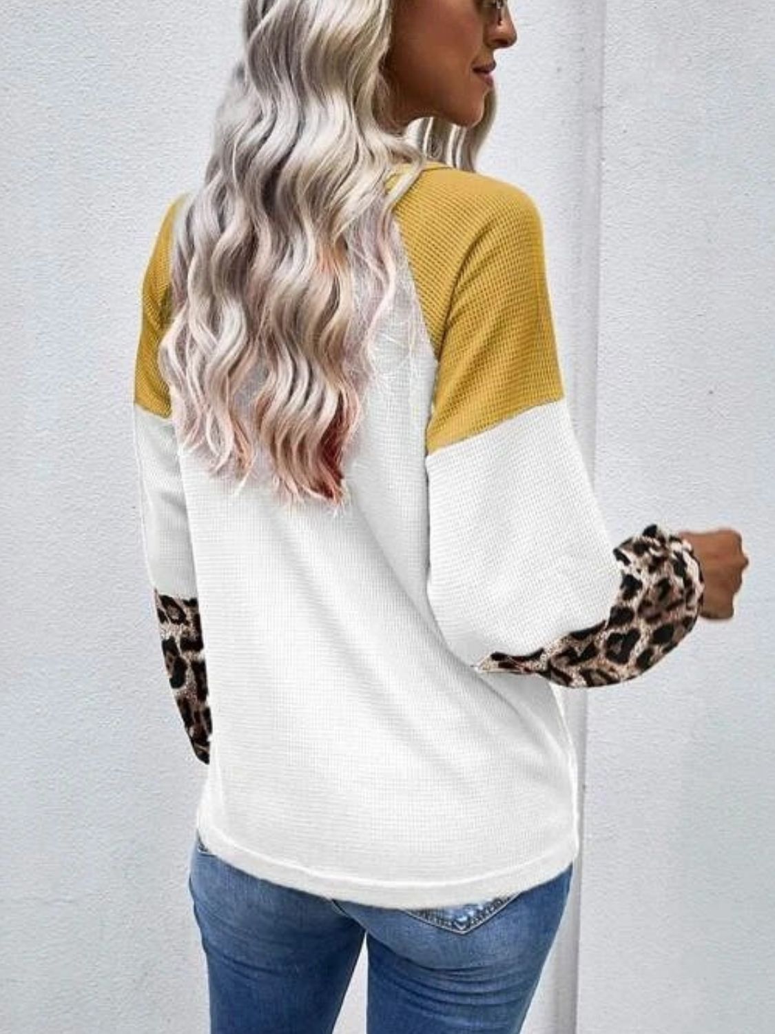 Twisted Color Block Round Neck Long Sleeve T-Shirt Mustard