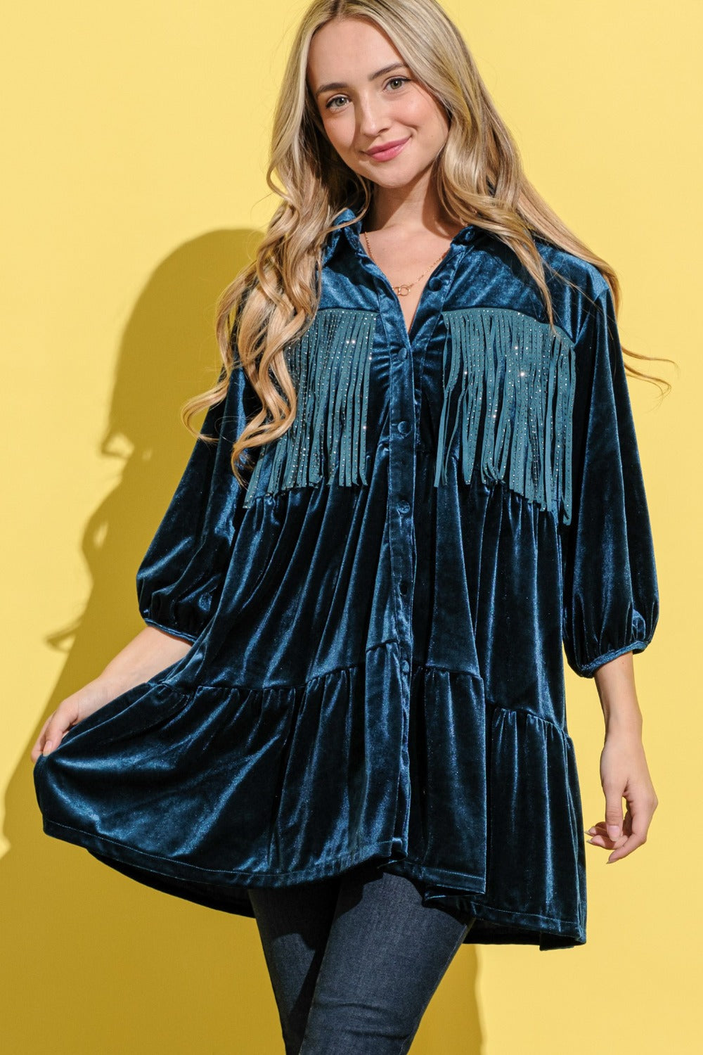 And The Why Fringe Detailed Velvet Shirt Dress Teal