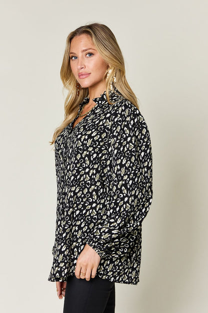 Double Take Full Size Leopard Long Sleeve Blouse Black