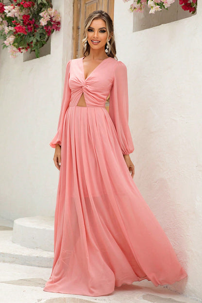 Twist Front Cutout Long Sleeve Dress Coral