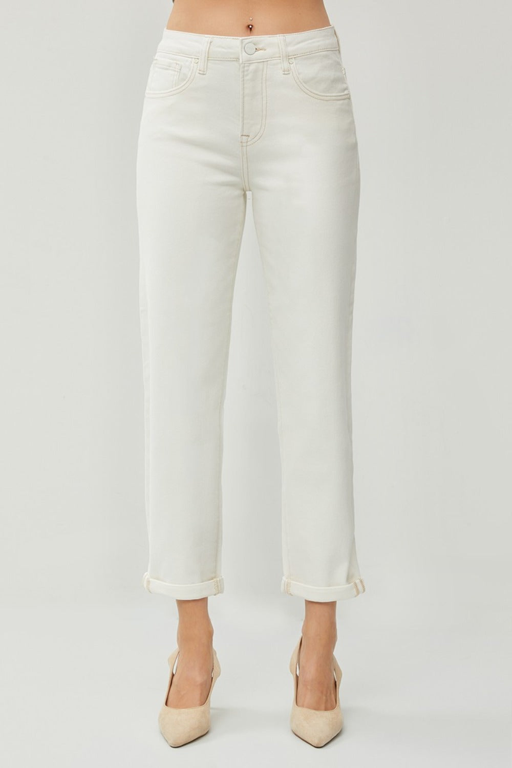 RISEN Full Size High Waist Rolled Hem Straight Jeans Cream