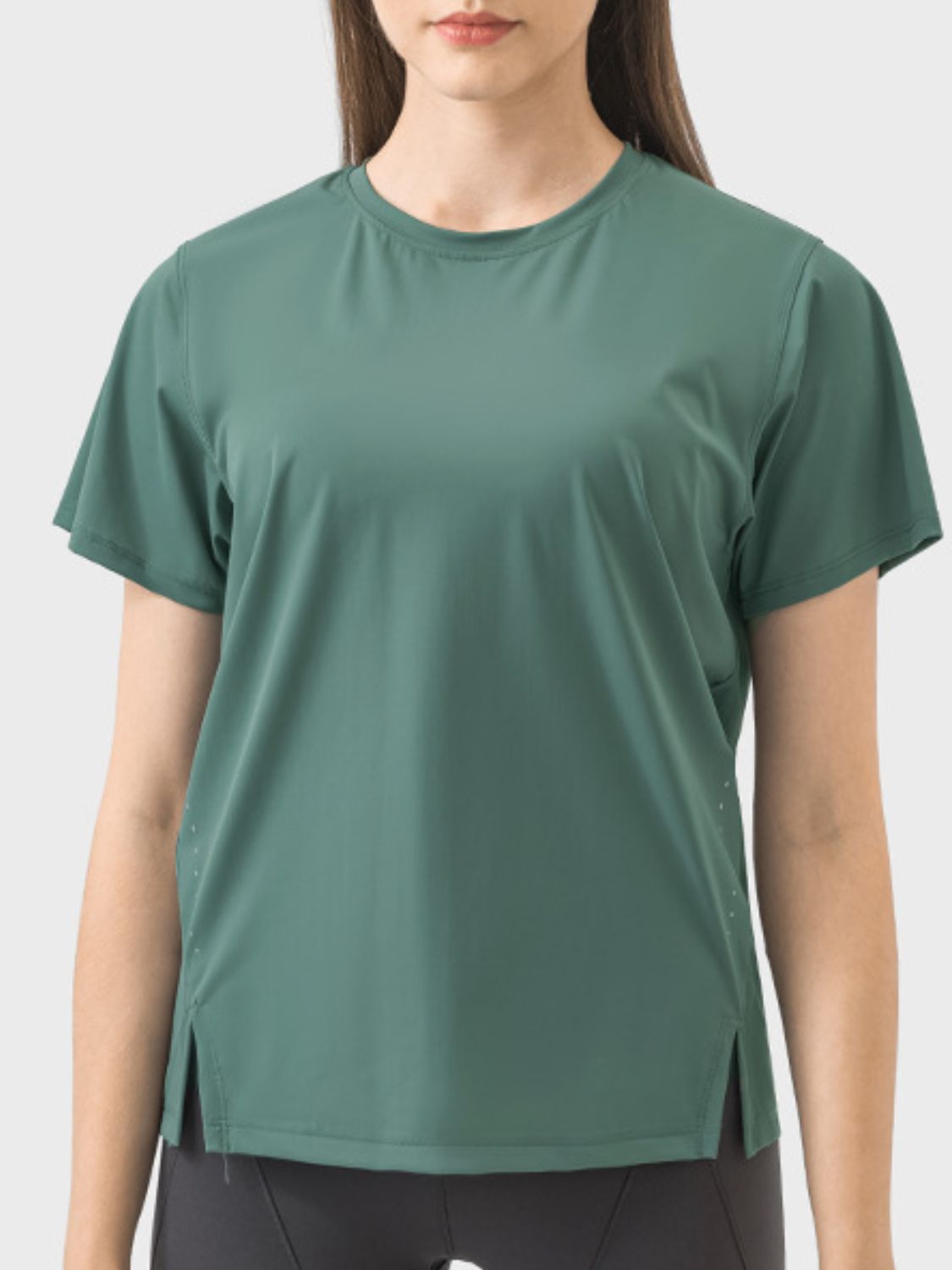 Millennia Slit Round Neck Short Sleeve Active T-Shirt Dark Green