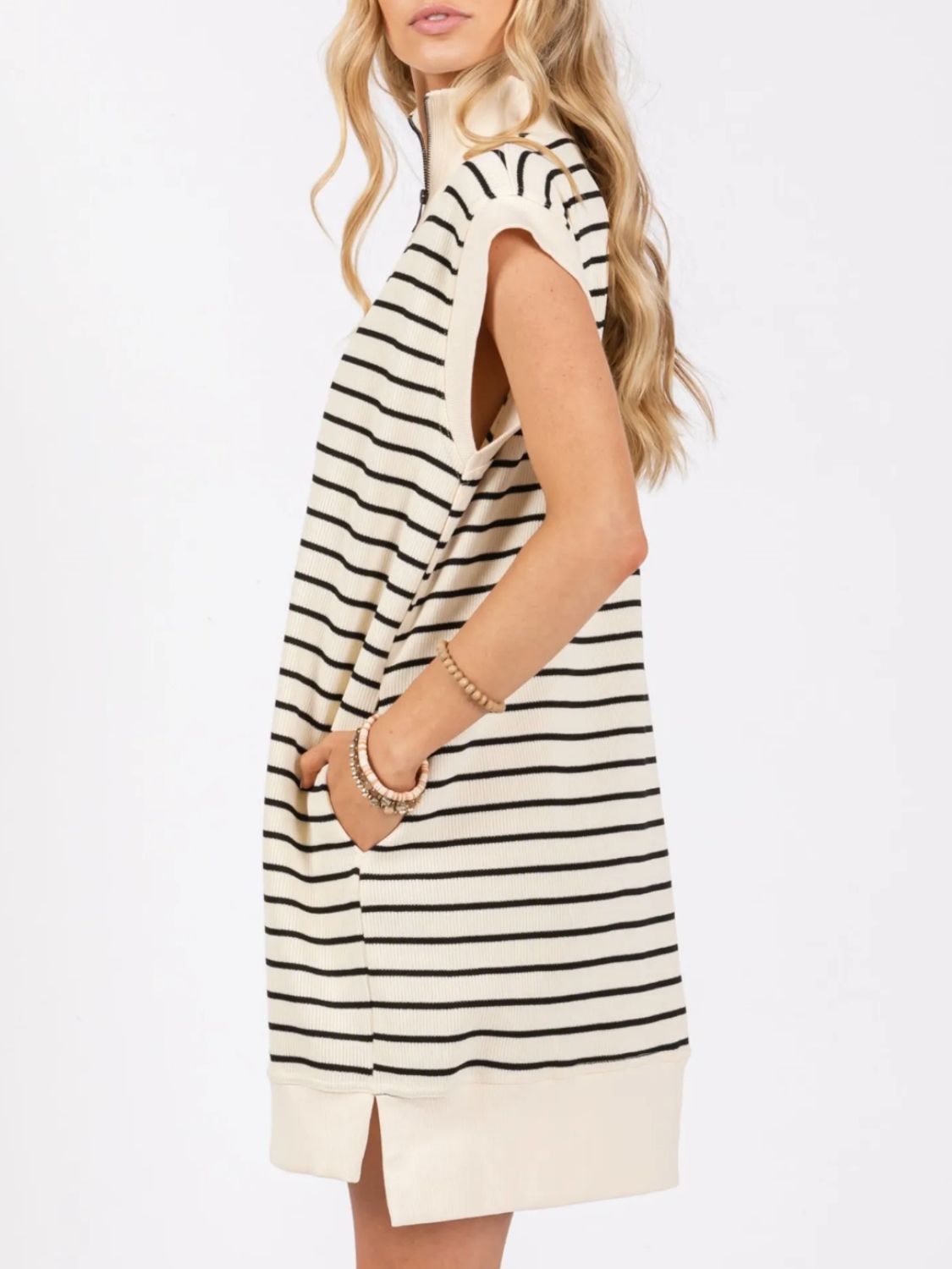 Full Size Pocketed Striped Quarter Zip Cap Sleeve Dress Cream