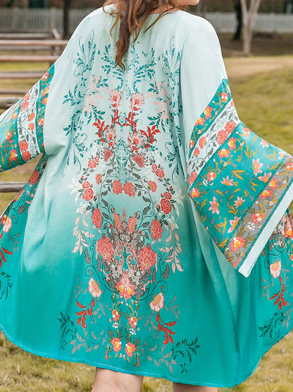 Plus Size Printed Open Front Long Sleeve Cover Up Turquoise