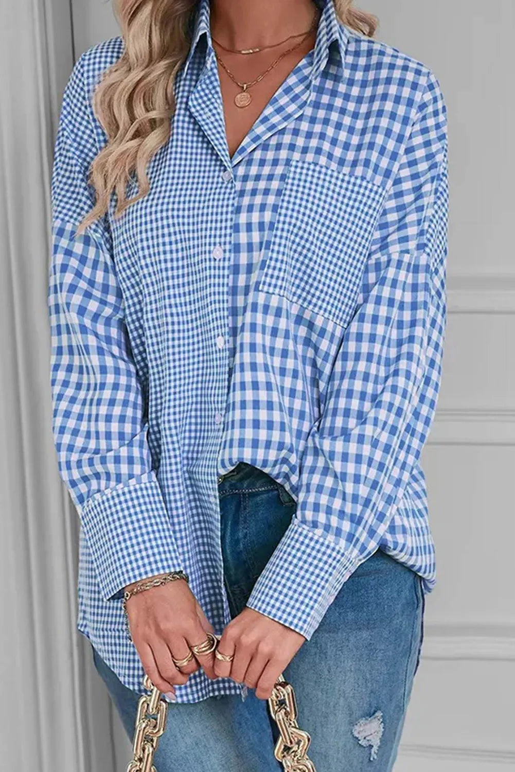 Pocketed Plaid Collared Neck Long Sleeve Shirt Light Blue