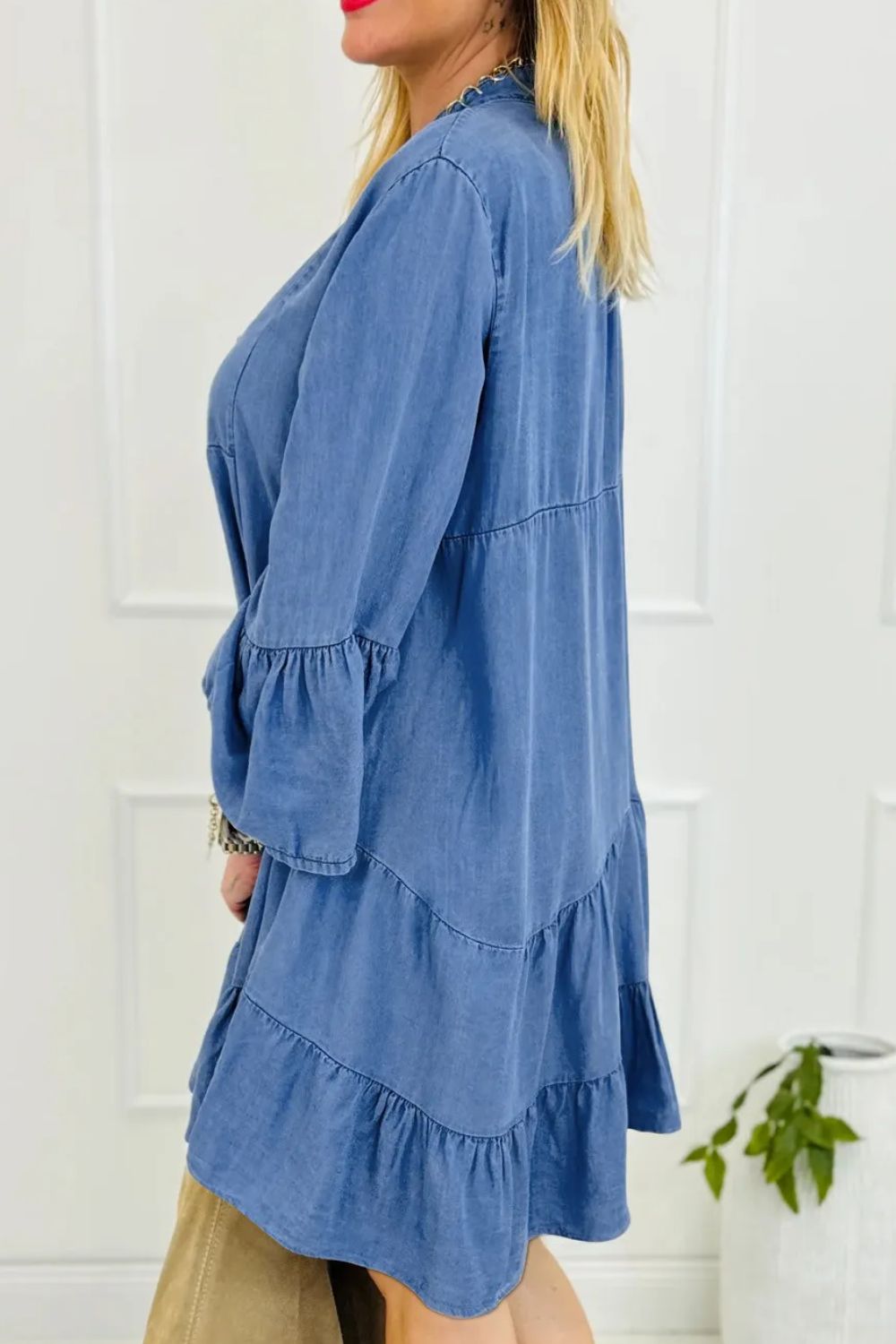 Notched Flare Sleeve Denim Dress Medium