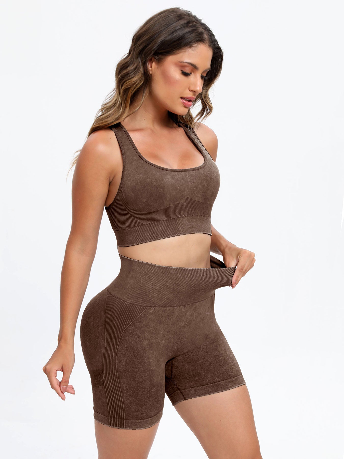 Scoop Neck Wide Strap Top and Shorts Active Set Dark Brown