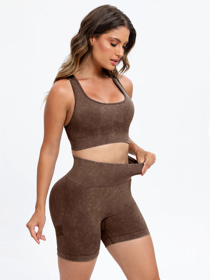 Scoop Neck Wide Strap Top and Shorts Active Set Dark Brown