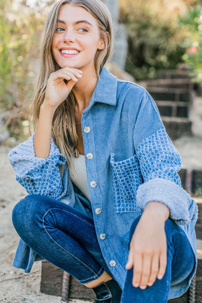 And The Why Button Down Corduroy Contrast Texture Long Sleeve Shacket Blue