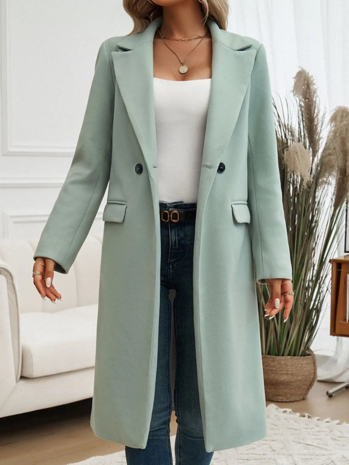 Pocketed Collared Neck Long Sleeve Coat Sage