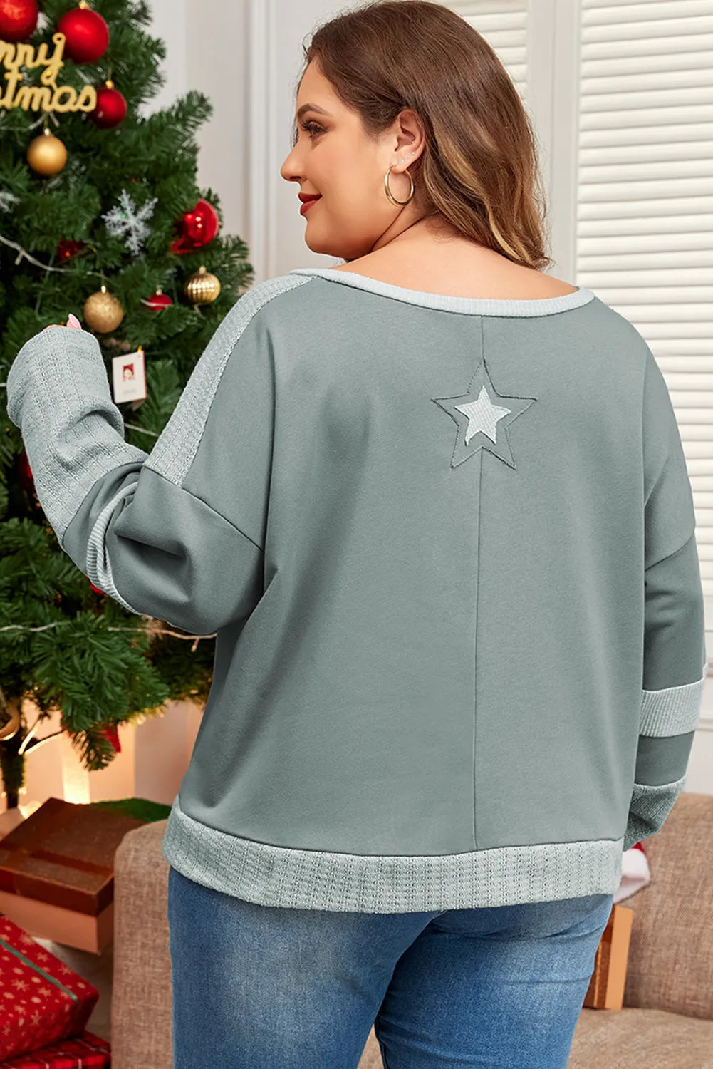 Plus Size Star Round Neck Long Sleeve Top Sage