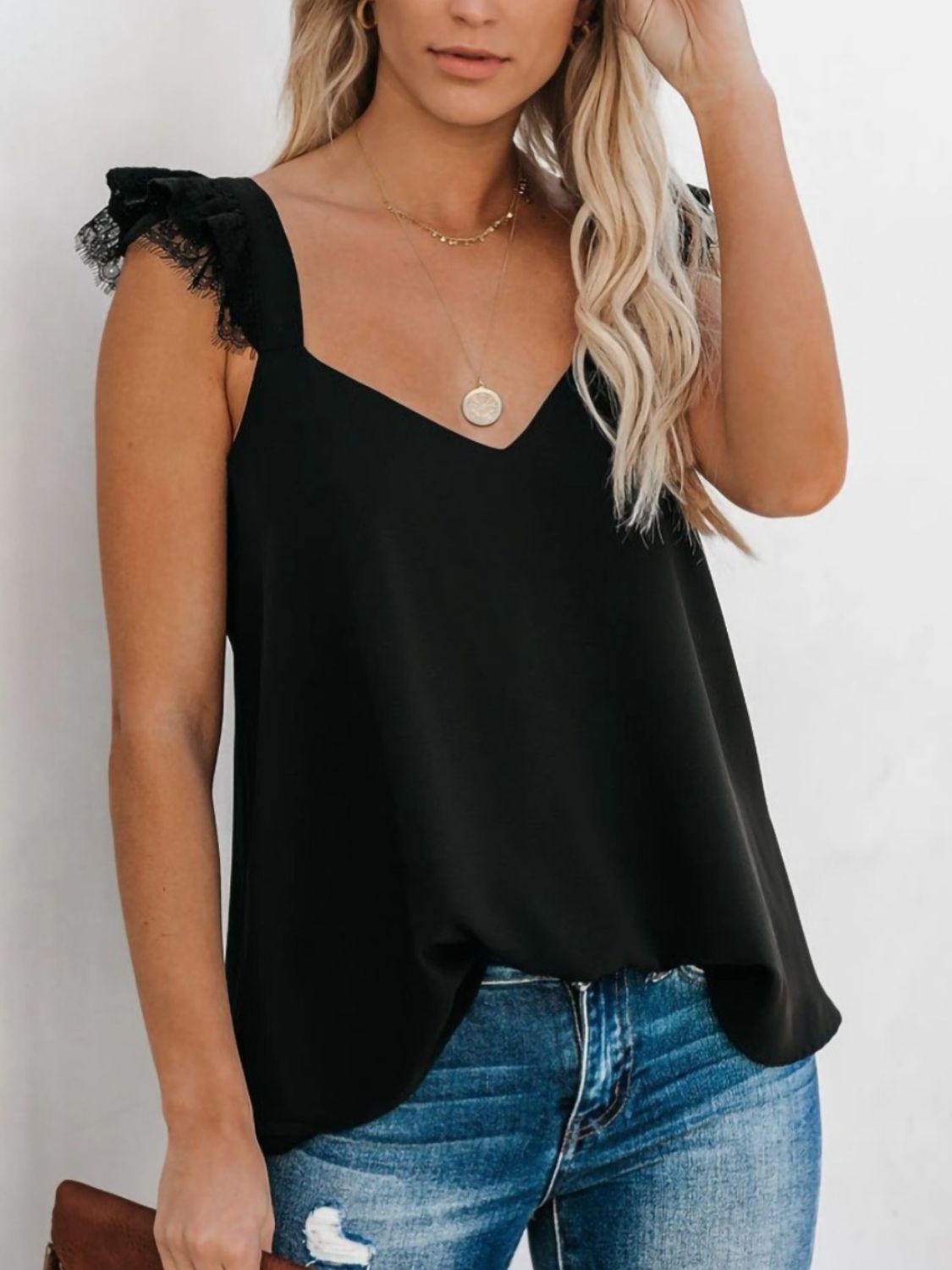 Lace Detail V-Neck Cap Sleeve Blouse Black