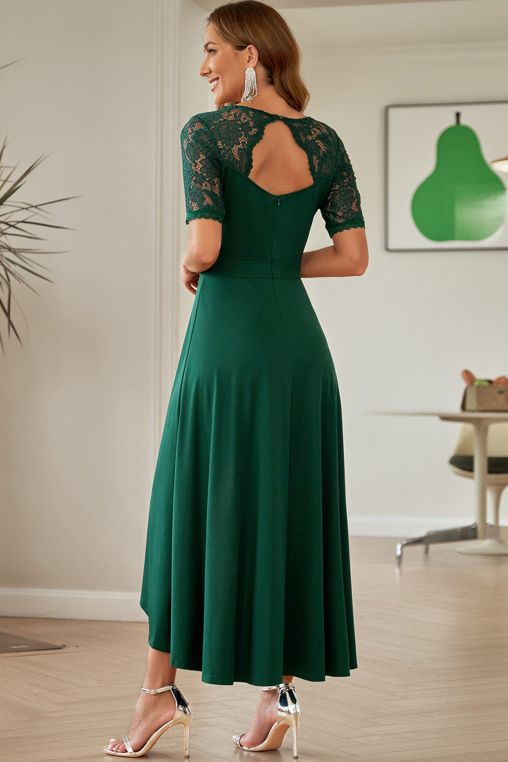 Lace Cutout V-Neck Short Sleeve Dress Dark Green