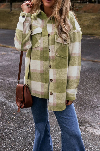 Plaid Button Up Long Sleeve Jacket Sage