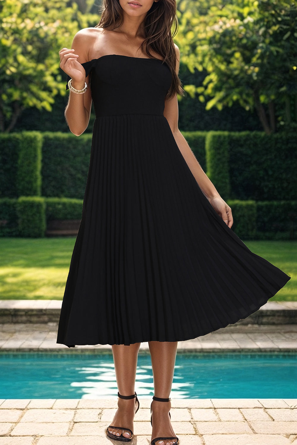 Perfee Pleated Off-Shoulder Midi Dress Black