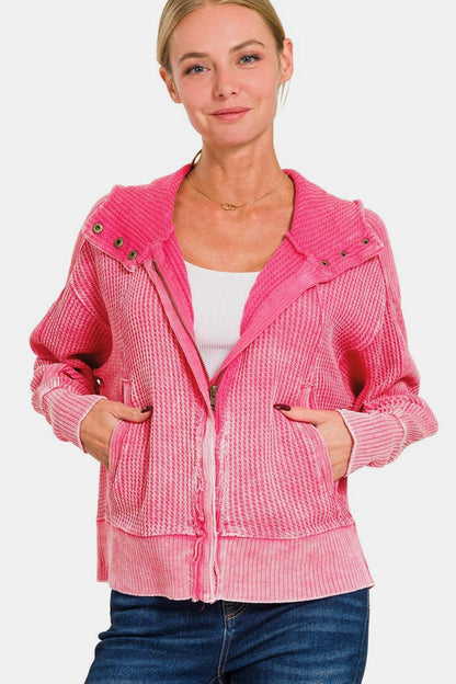 Zenana Washed Zip Up Hooded Jacket Fuchsia