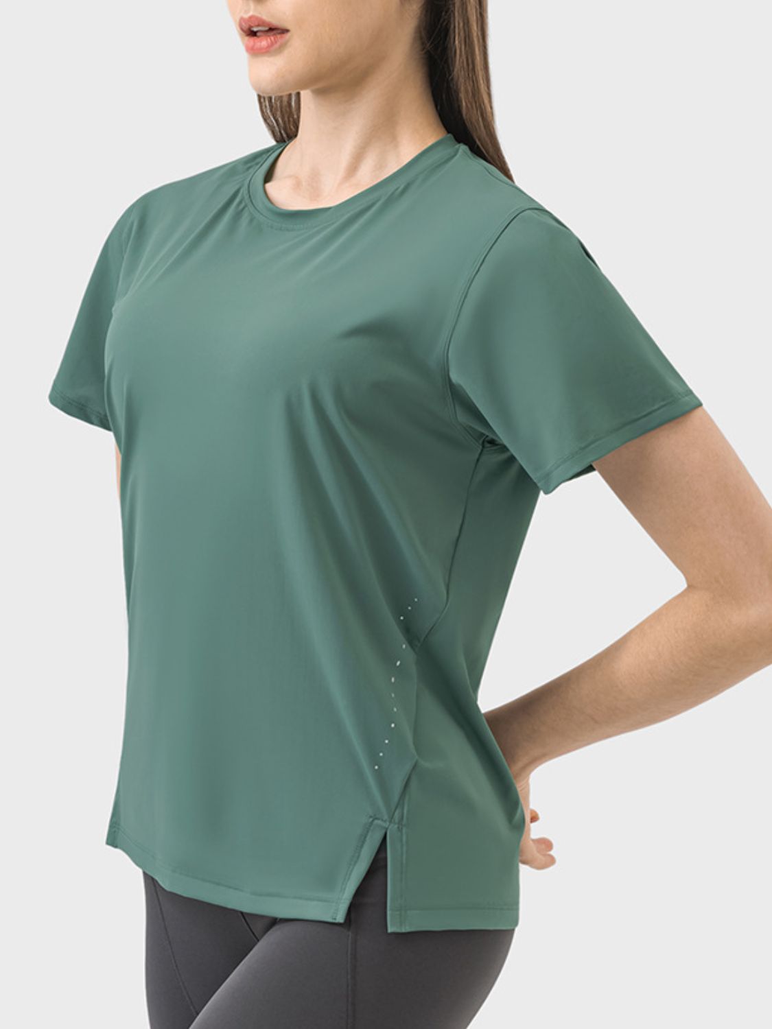 Millennia Slit Round Neck Short Sleeve Active T-Shirt Dark Green