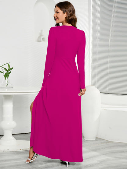 V-Neck Long Sleeve Split Dress Hot Pink