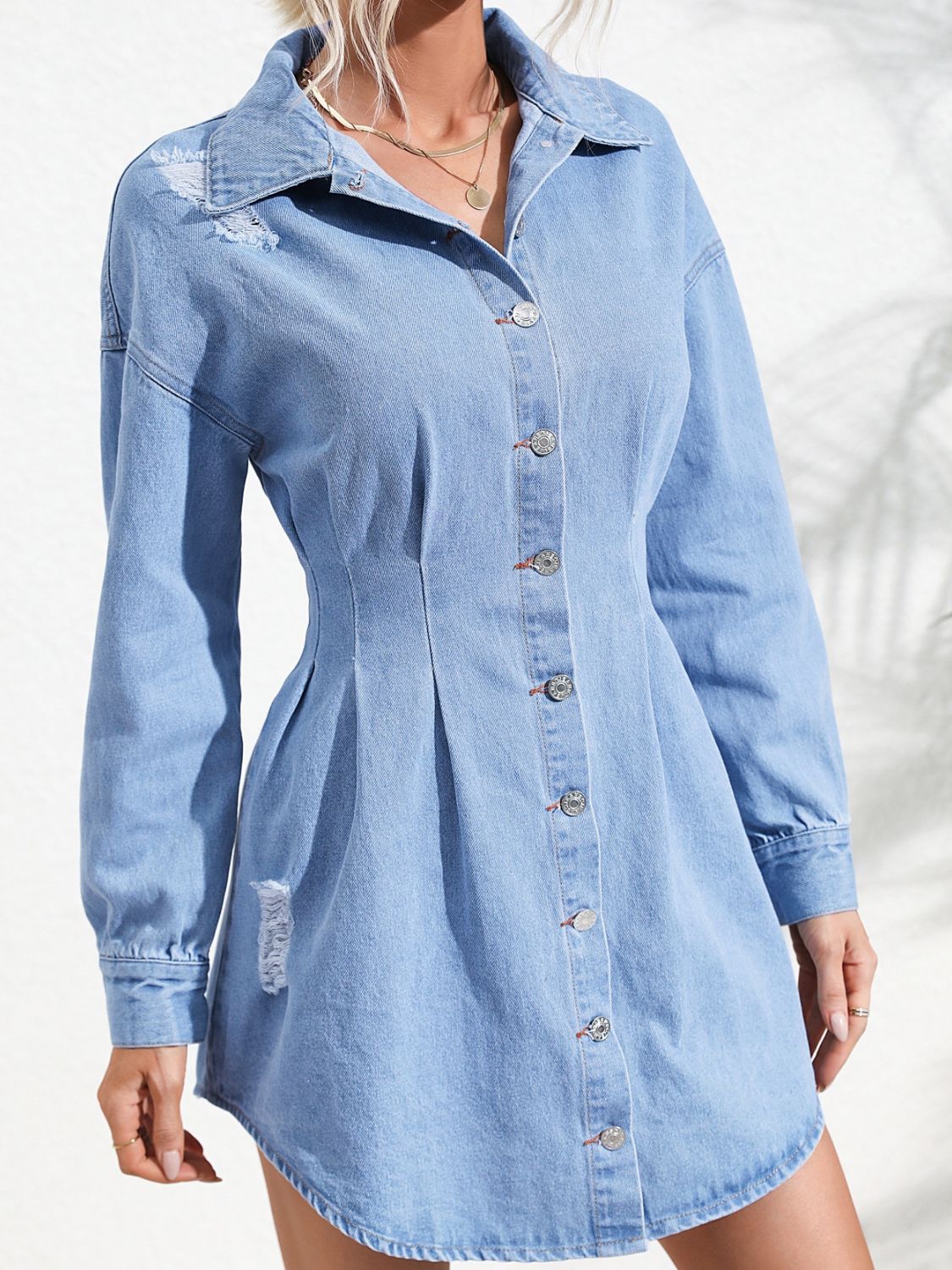 Distressed Button Up Long Sleeve Denim Dress Light