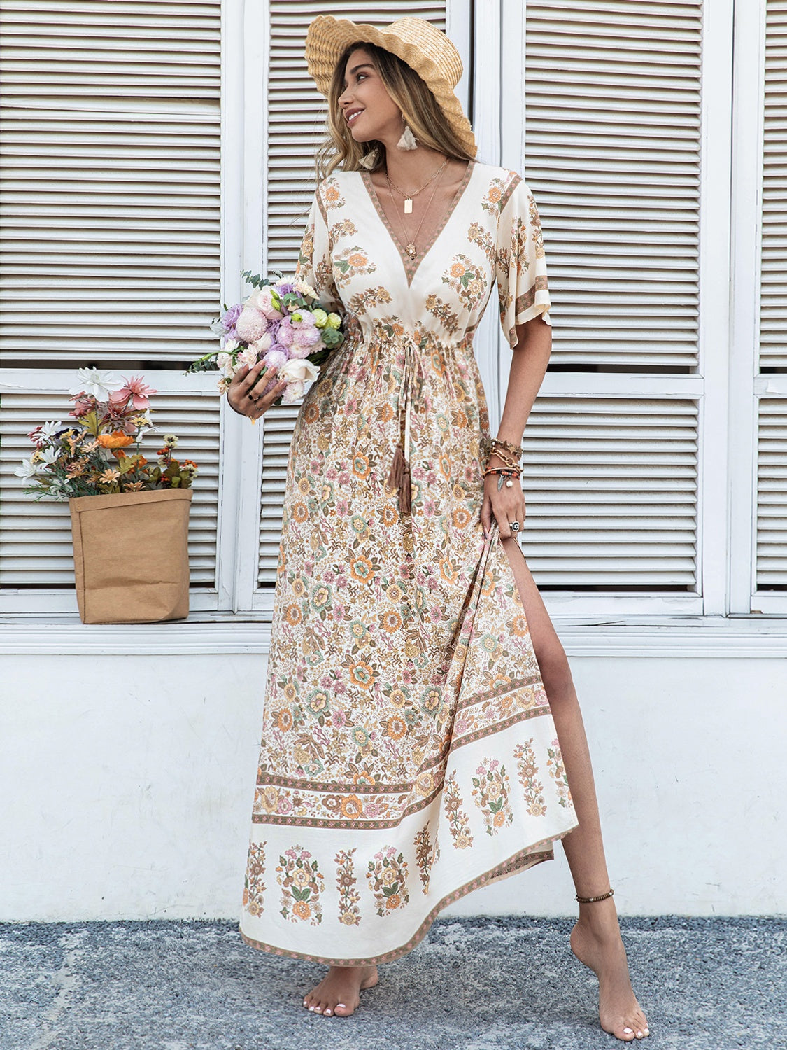 Drawstring Printed Plunge Half Sleeve Dress Khaki