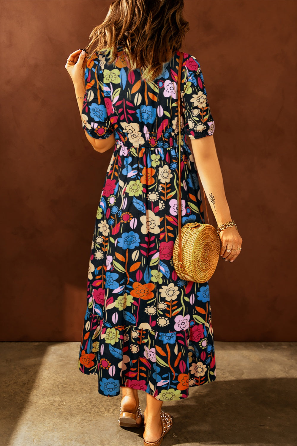 Printed V-Neck Half Sleeve Midi Dress Floral