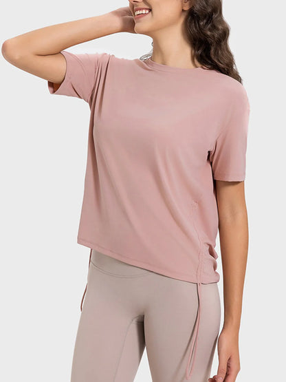 Drawstring Round Neck Short Sleeve Active T-Shirt Dusty Pink