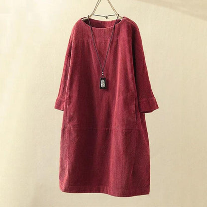 Autumn And Winter New Corduroy Retro Solid Dress Wine Red