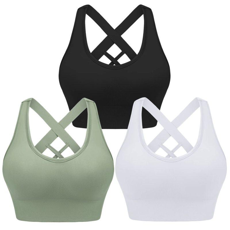 Four seasons women's solid sports nylon sports bra Black+white+green