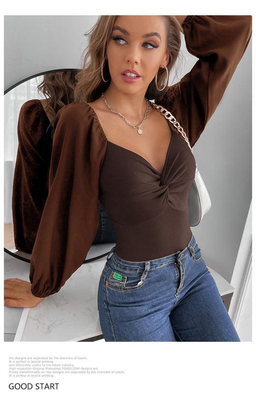 Women's Kink V-Neck Long Sleeve Bodysuit Coffee