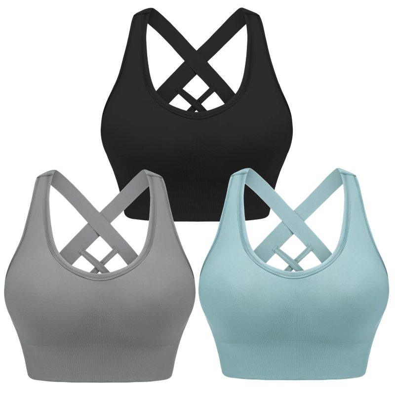 Four seasons women's solid sports nylon sports bra Black+blue+grey