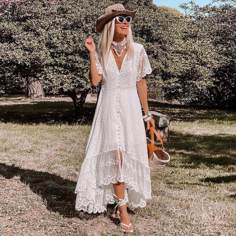 Women's Sexy Elegant Deep V Long Sleeve Hollow Beach Dress Raw white off white