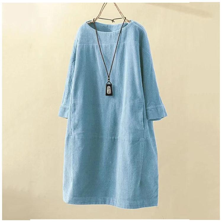 Autumn And Winter New Corduroy Retro Solid Dress Sky blue azure