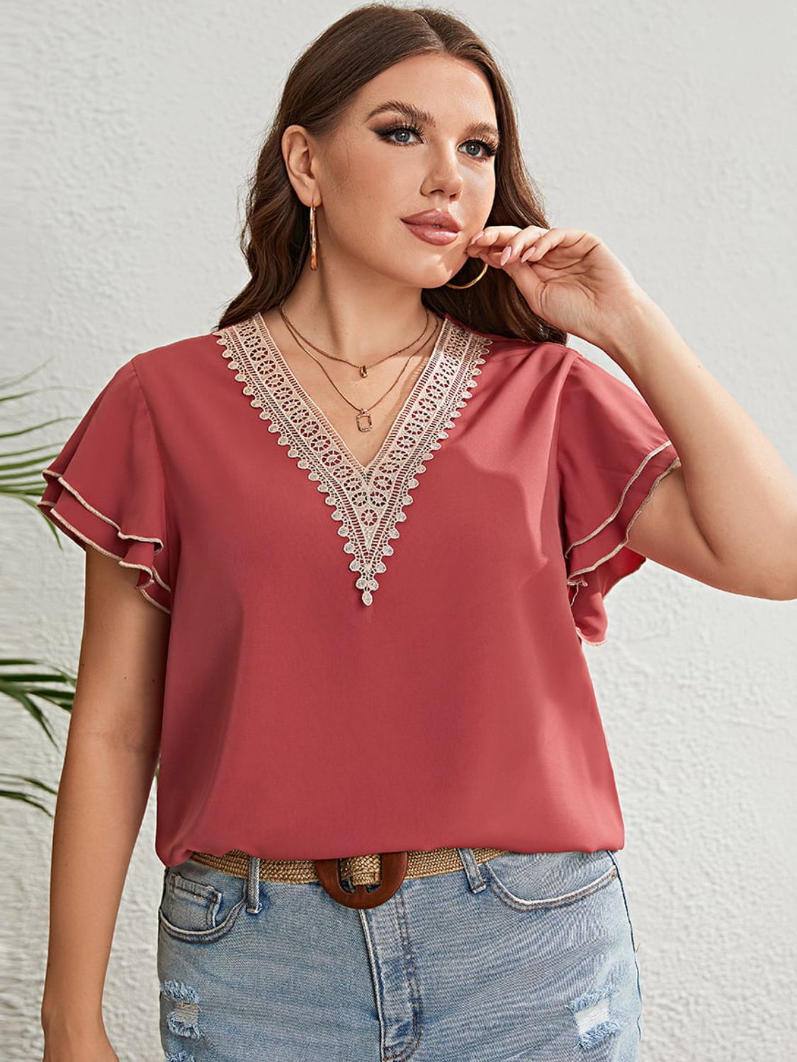 Honey Plus Size Contrast V-Neck Layered Flutter Sleeve Blouse Burnt Coral