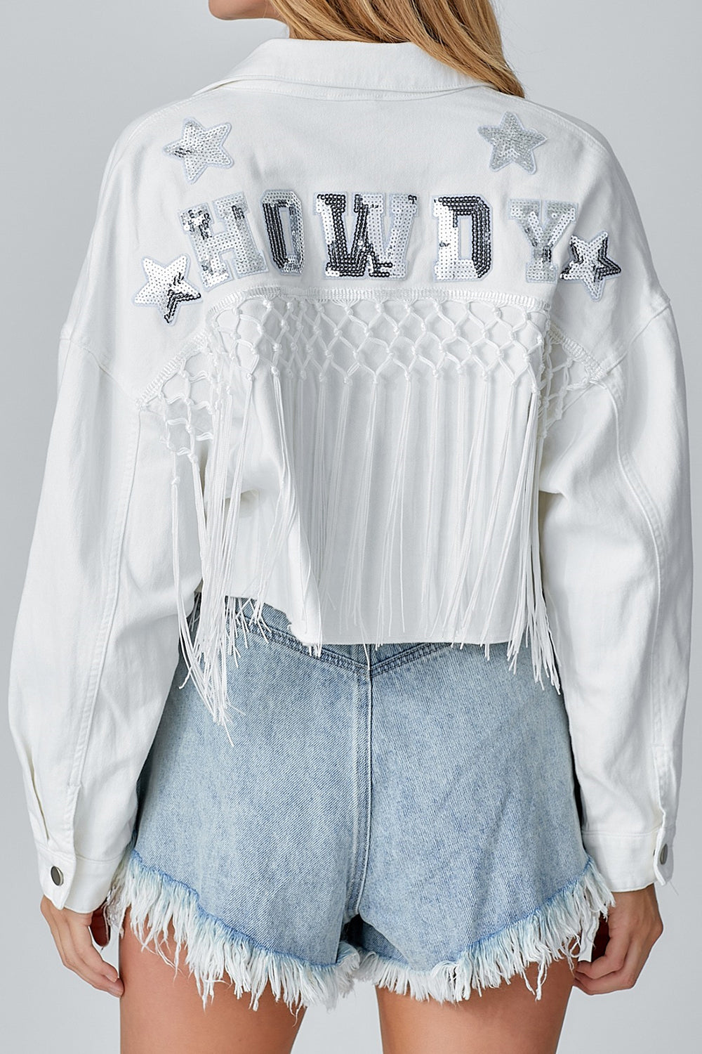 Tassel Sequin Letter Long Sleeve Denim Jacket White