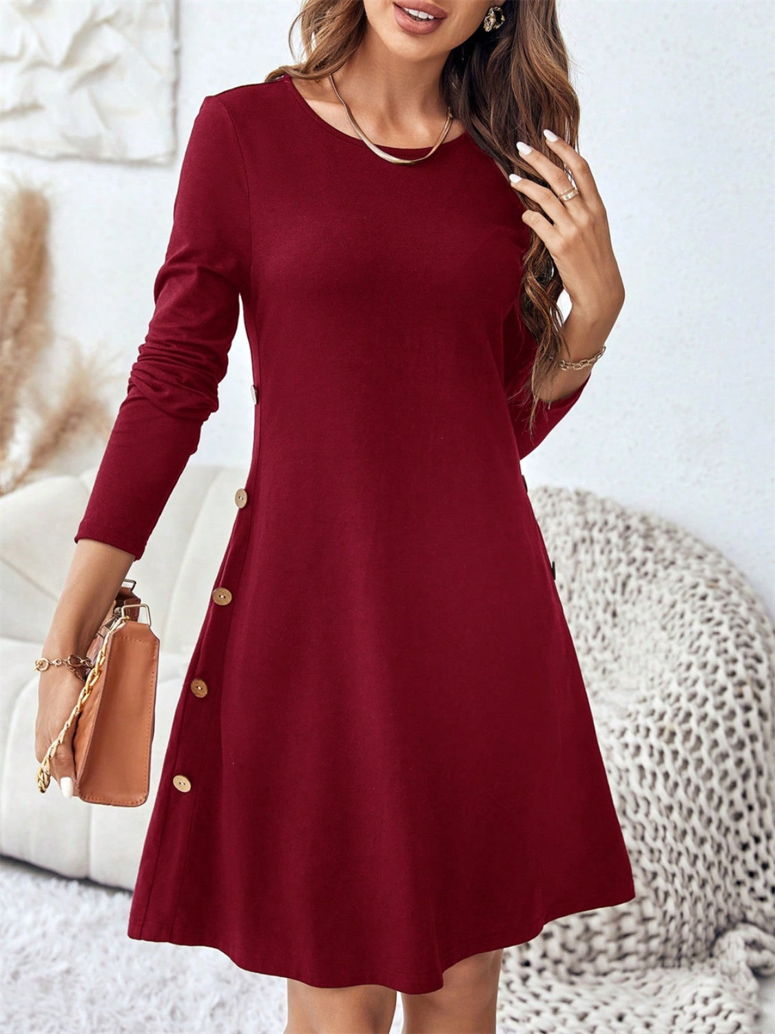 Round Neck Long Sleeve Mini Dress with Pockets Burgundy