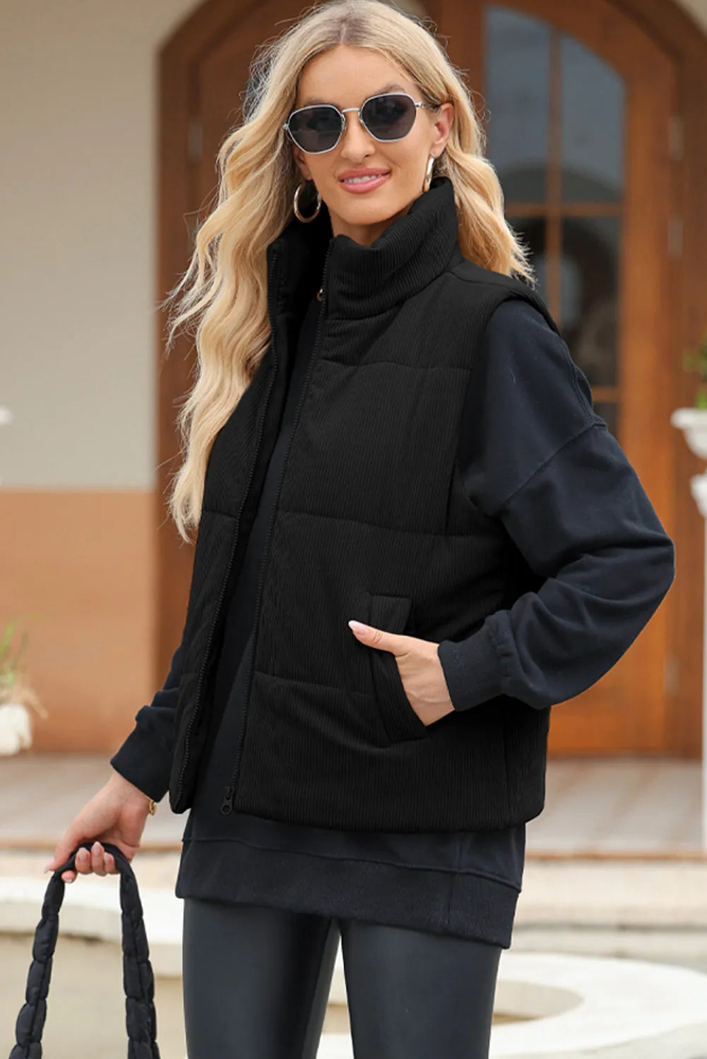 Pocketed Zip Up Turtleneck Vest Coat Black