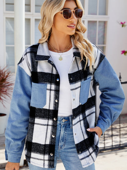 Pocketed Plaid Snap Down Denim Jacket Dusty Blue