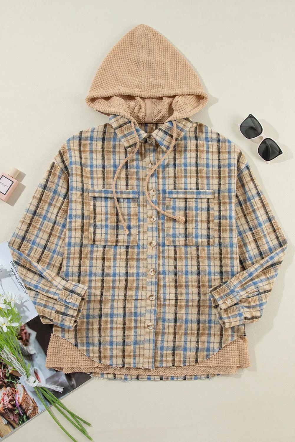 Drawstring Plaid Button Up Hooded Shacket Plaid